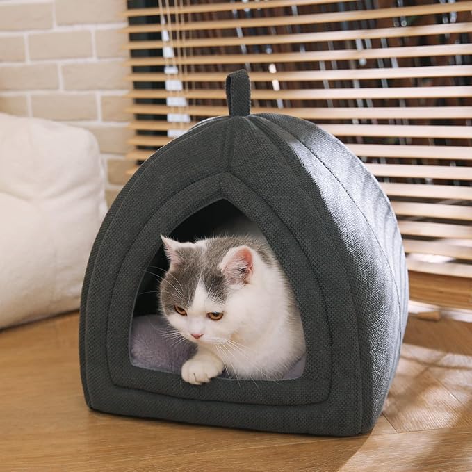 Amazon Basics Cat Cave Bed, 2-in-1 Foldable House for Indoor Cats, with Washable Cushion and