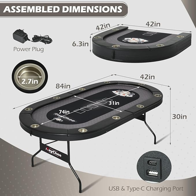 LED Poker Table, 84" 10 Player Foldable Texas Holdem Table w/Inlaid LED Light, 2 USB & 2 Type-c