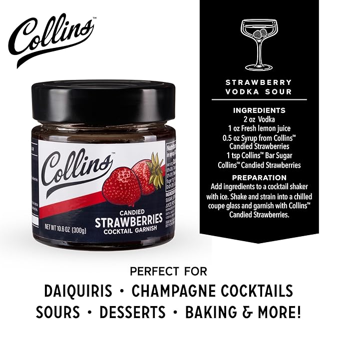 Collins Strawberries in Syrup, Cocktail Garnish for Daiquiris, Sours, Champagne, Desserts and Baked