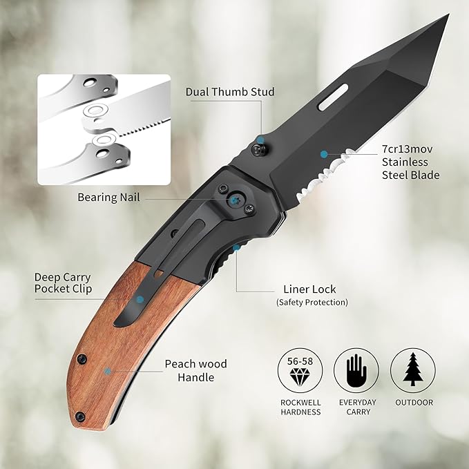 Pocket Knife for Men, Folding Knife with Pocket Clip, Wood Handle EDC for Women with 3.4″ Black