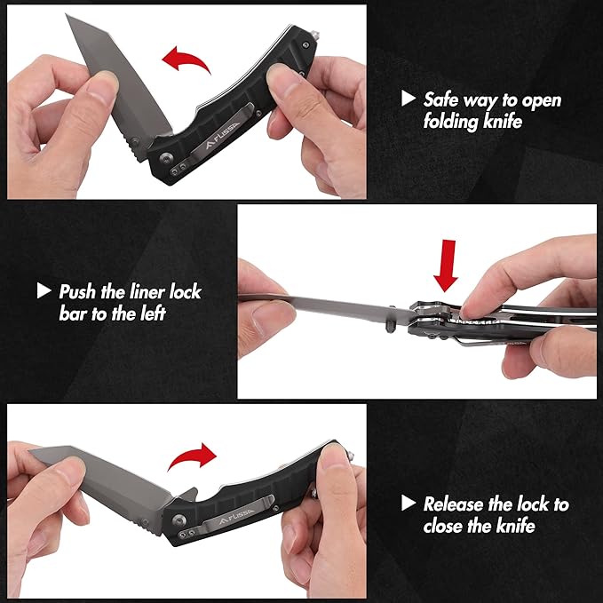 FLISSA Folding Pocket Knife, Tactical Knife with Liner Lock, Tanto Blade, Pocket Clip, Glass