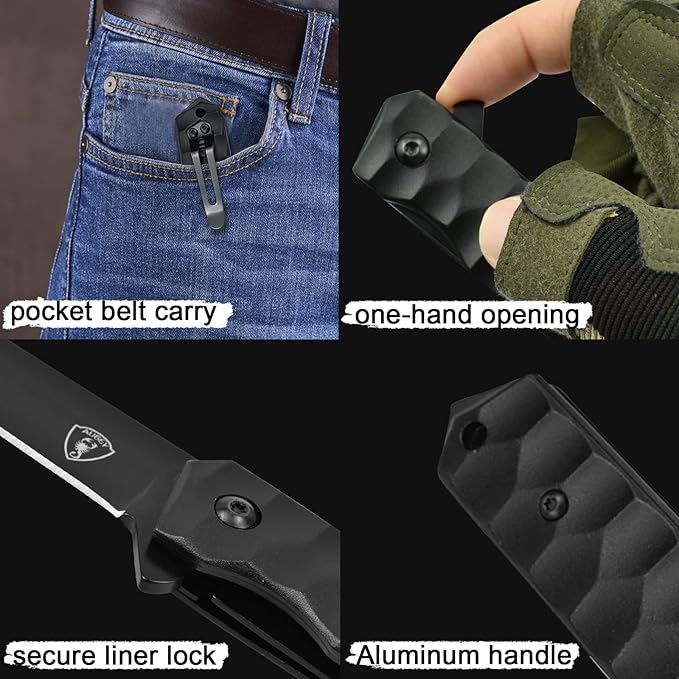 AUBEY Tanto Blade EDC Knife, 440 Steel Pocket Folding Knife with Liner Lock, Clip, Aluminum Handle