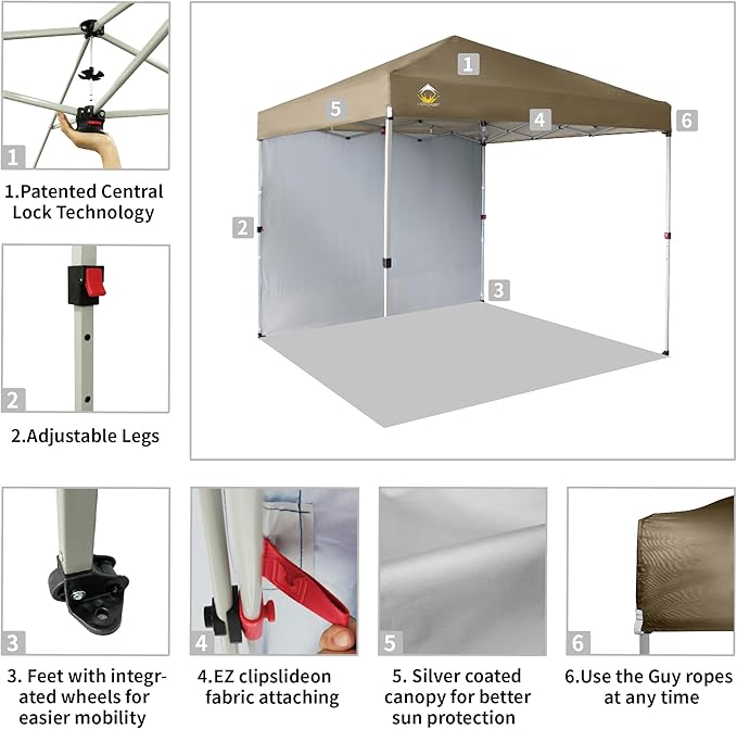CROWN SHADES 8x8 Pop Up Canopy with 1 Side Wall - Beach Tent with One Push Setup - Outdoor Sun