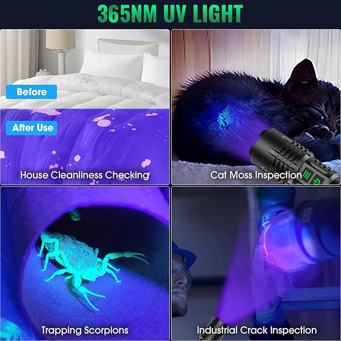 AdamStar UV&High Lumens Flashlight Rechargeable, 2-in-1 Powerful Blacklight LED Flashlight Tactical