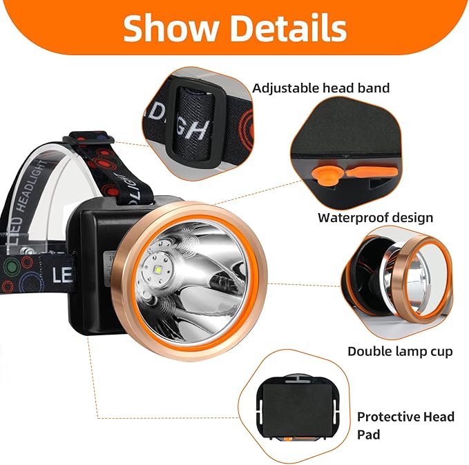 Superbright LED Rechargeable Headlamp,High Power 2 Light Modes Waterproof Headlight Adjustable Gold