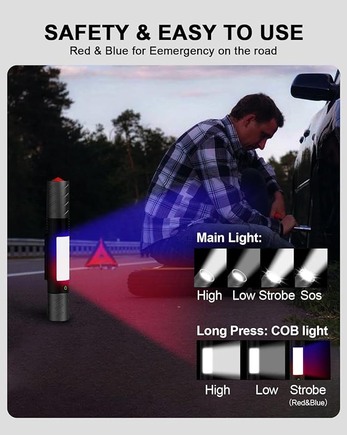 Rechargeable Flashlight, Includes Screwdriver, Window Breaker, 4 Main Lighting Modes, 3 Side