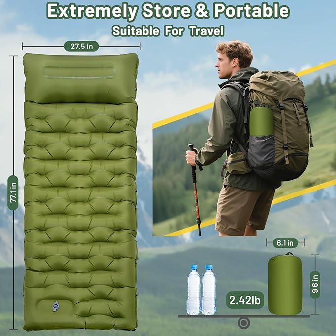 Sleeping Pad for Camping, 6" Extra Thick Camping Sleeping Pad with Pillows & Built-in Foot Pump