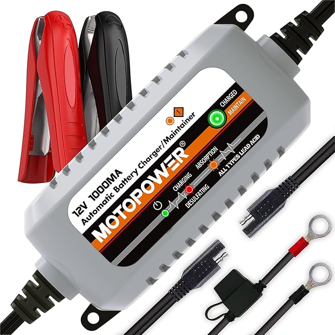 MOTOPOWER MP00205B 12V 1000mA Automatic Battery Charger, Battery Maintainer, Trickle Charger, and