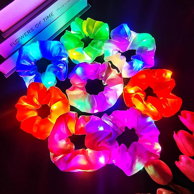 8 PCS Light up Scrunchies for Girls, Glow in the Dark Party Supplies, 3 Glow Mode Satin Scrunchy