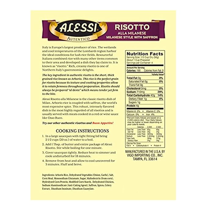 Alessi Autentico, Premium Seasoned Risotto, Italian Arborio Rice, Easy to Prepare, 8oz (Milanese