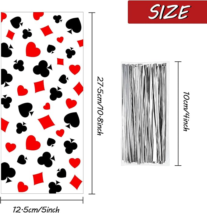 100 Pieces Casino Party Cellophane Treat Bags, Black Red Las Vegas Poker Plastic Candy Goodie Bags