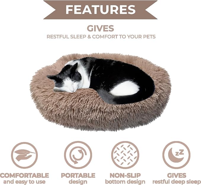 Whiskers & Friends Cat Bed, Cat Beds for Indoor Cats Washable, Orthopedic Soft Fluffy Round Calming
