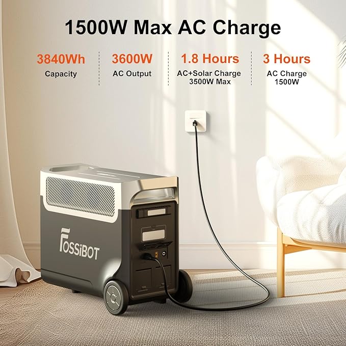 FOSSiBOT 3600 PRO Portable Power Station, 3 x 230 V AC Output 3600 W/3840Wh LiFePO4 Battery