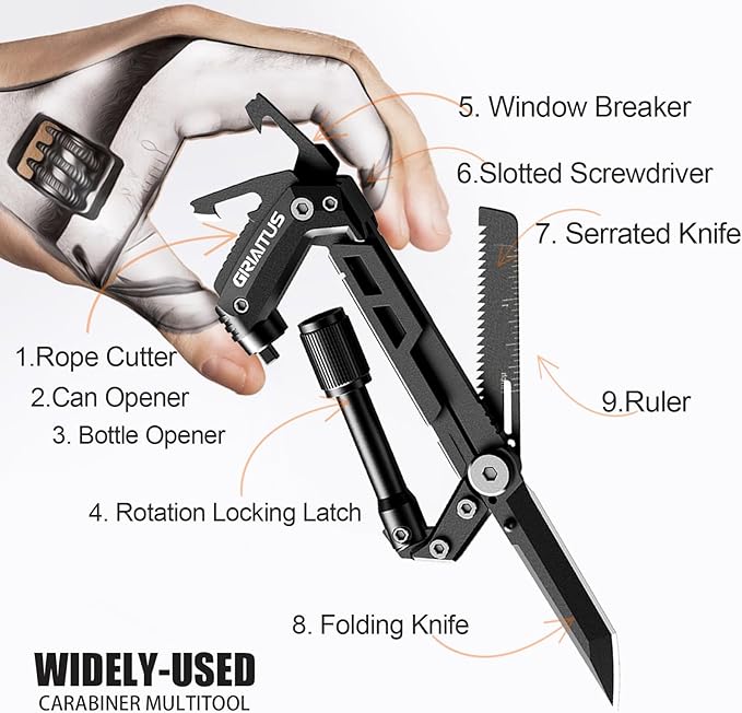 Carabiner Multitool 8-in-1 EDC Carabiners Pocket Knife, Serrated Knife, Rope Cutter, Screwdriver