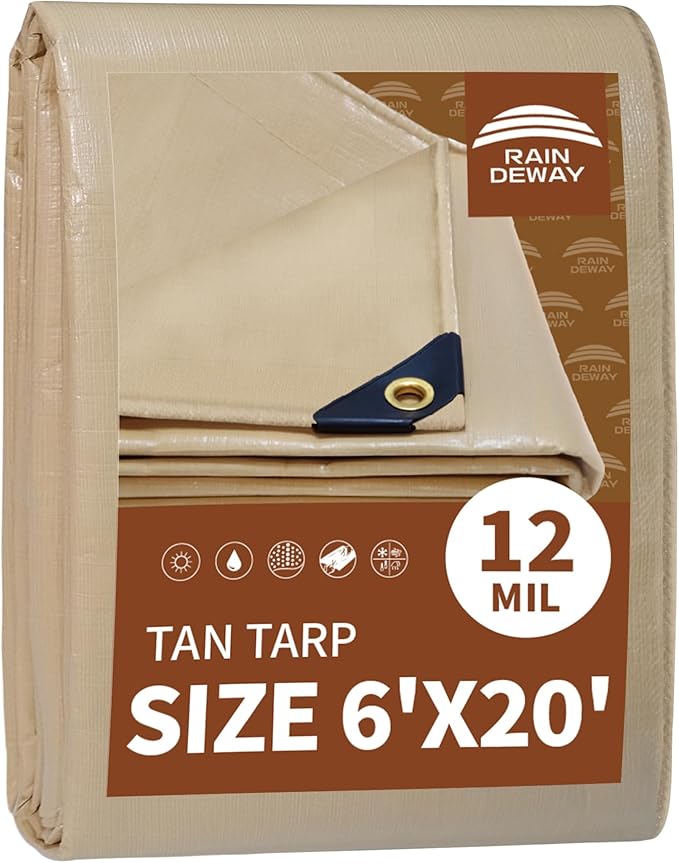 RAINDEWAY 6x20 Feet Heavy Duty Tarp,12 Mil Tan Waterproof Poly Tarp Cover,UV