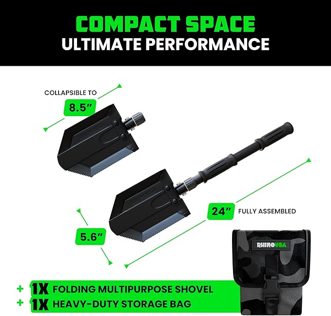 Rhino USA Survival Shovel w/Pick - Heavy Duty Carbon Steel Military Style Entrenching Tool for Off