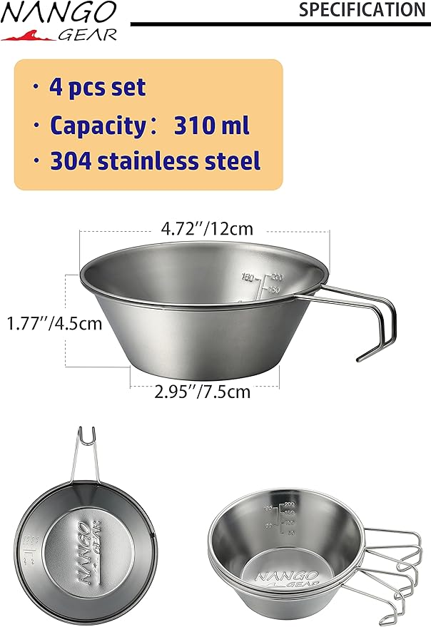 NANGOGEARNANGOGEAR Camping Sierra Cup 310ml 4pcs Set Food Grade Stainless Steel Dishwasher Safe