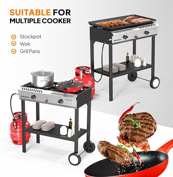 ROVSUN 2 Burner Outdoor Propane Gas Stove with Auto-ignition, Regulator & Shelf, 150,000 BTU