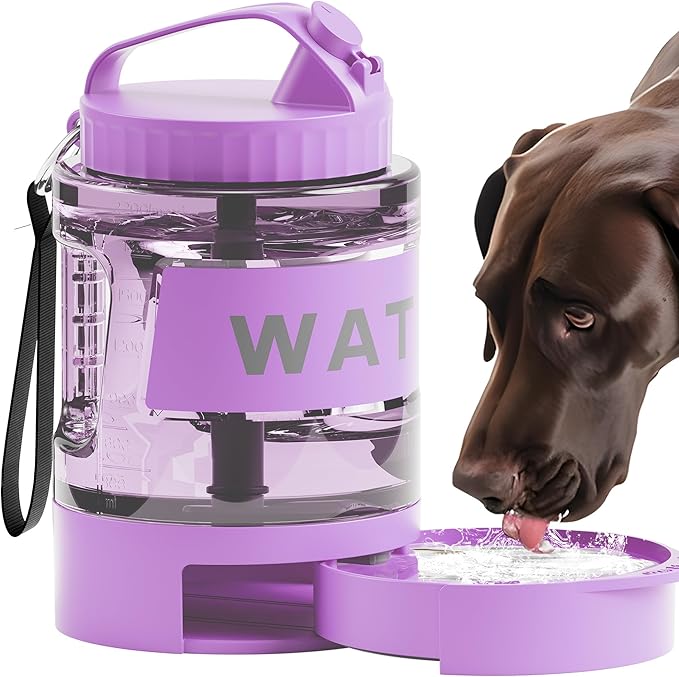 77oz Dog Water Bottle with Dispenser Bowl, 2200ml Capacity, Purple, Portable Pet Travel Bottle with