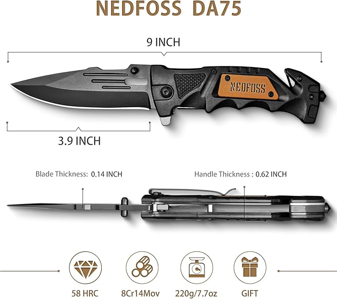 NedFoss Pocket Folding Knife DA75, 3 in 1 Pocket Knife for Men, Survival Knife with Liner-Lock Belt