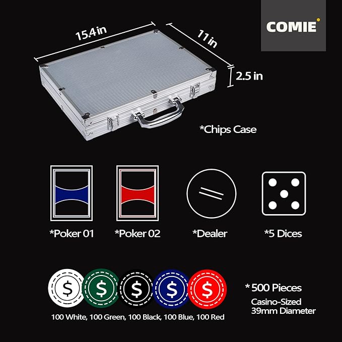 Poker Chips,500PCS Poker Chip Set with Aluminum Travel Case,11.5 Gram Poker Set for Texas Holdem