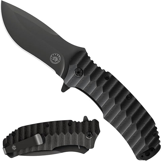 Off-Grid Knives - Rapid Fire Blackout - Large Folding Knife for Camping & EDC, Cryogenic D2 Blade
