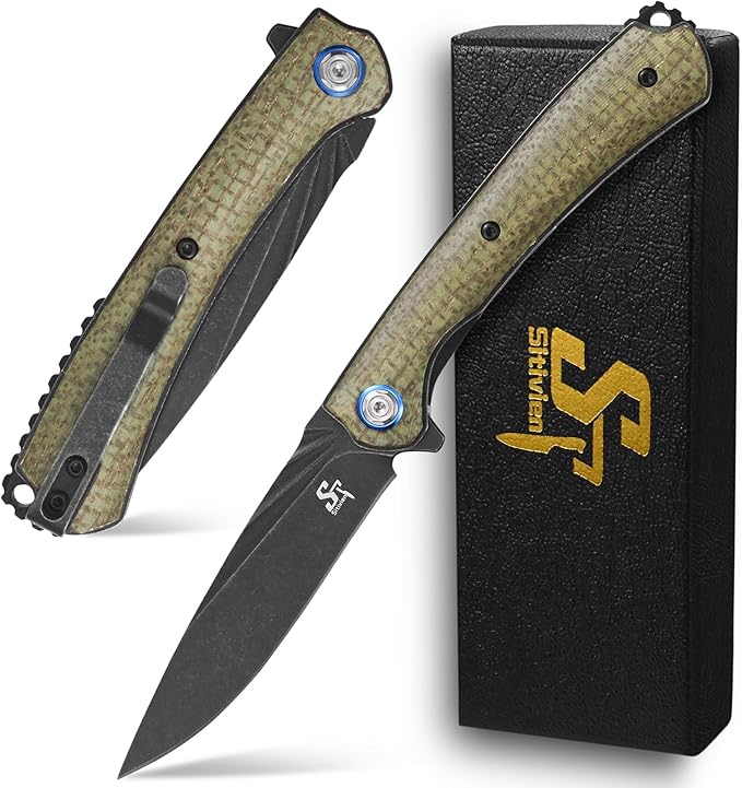 Sitivien ST144 Folding Knife,Black Stonewashed 14C28N Steel Blade,Micarta Handle Pocket Knife for