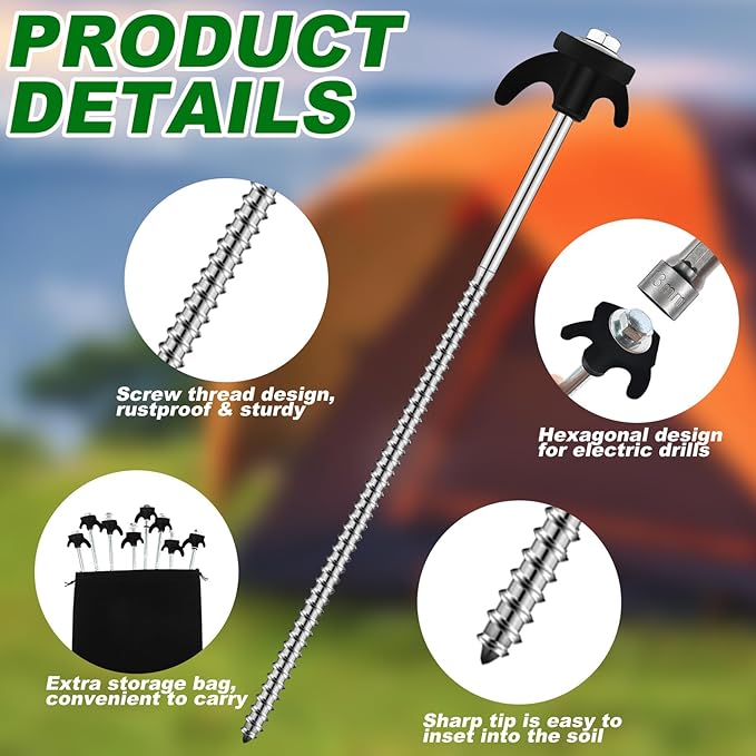 JaGely 20 Pcs 12 Inch Tent Stakes Screw in Camping Stake Heavy Duty Metal Spikes Ground Anchor Peg
