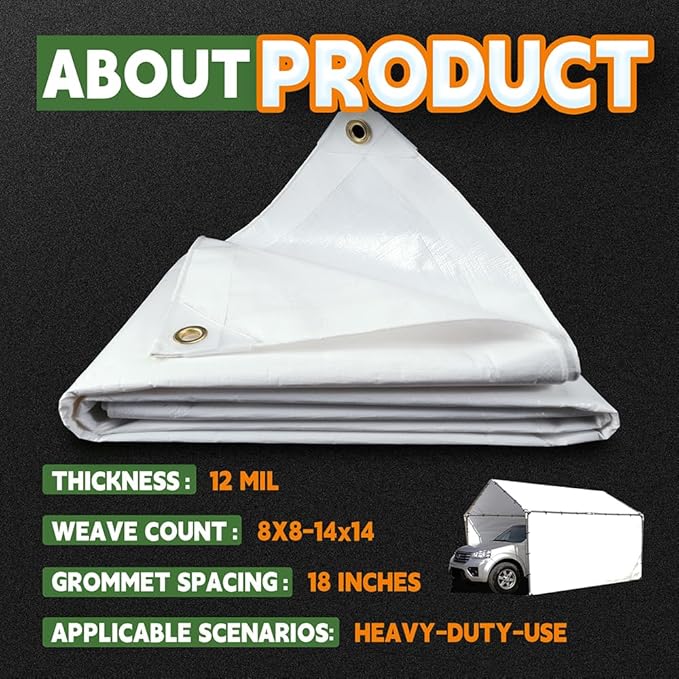 Heavy Duty White Tarps 6' X 8',12 Mil Extra Thick,Durable,Waterproof, UV Resistant, Weatherproof