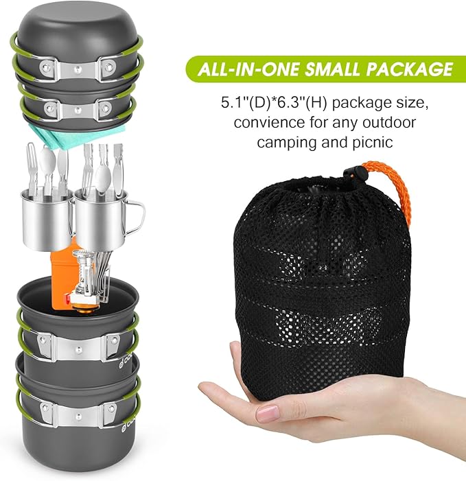 Odoland 16pcs Camping Cookware Mess Kit, Lightweight Pot Pan Mini Stove with 2 Cups, Fork Spoon