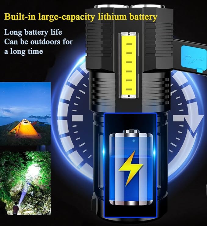 LED Flashlight USB Rechargeable, High Lumens Tactical Light with Sidelight, 4X LED, Zoomable