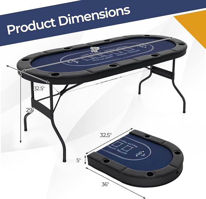 Goplus 72” Poker Table Foldable, 8 Players Card Board Game Table w/Deep Metal Cup Holders, Casino