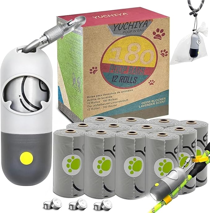 Dog Poop Bags Holder with LED Flashlight|Pet Waste Bags Dispenser for Leash|Doggie Potty Bags