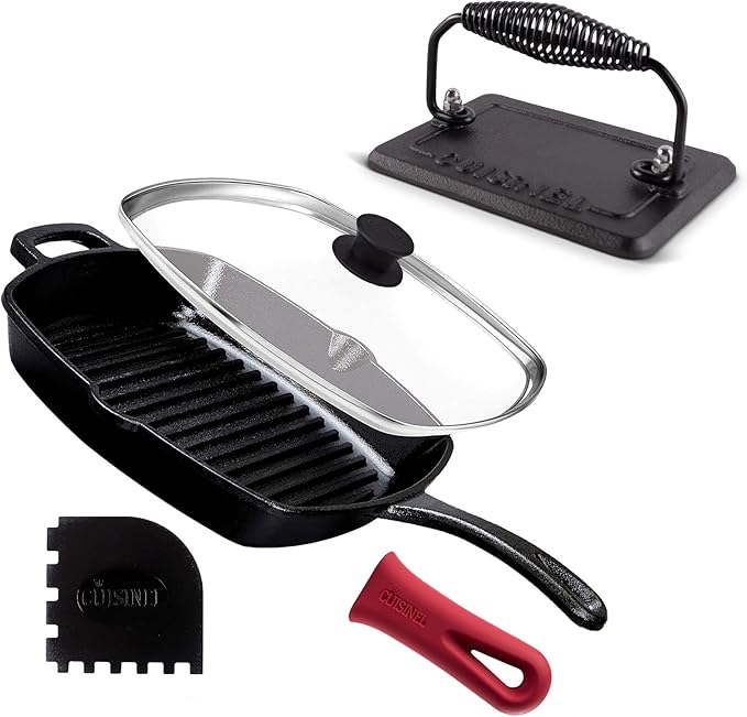 Cuisinel Cast Iron Grill Pan + Rectangular Cast Iron Grill Press + Tempered Glass Lid + Pan Scraper