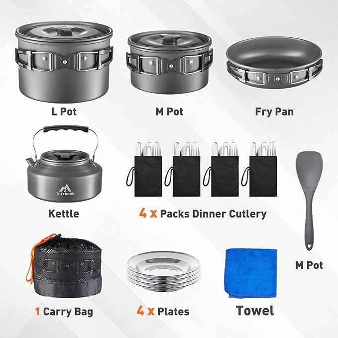 27pcs Camping Cookware Mess Kit for 2-4 People, Portable Cookware Set with Kettle, Pots & Pans