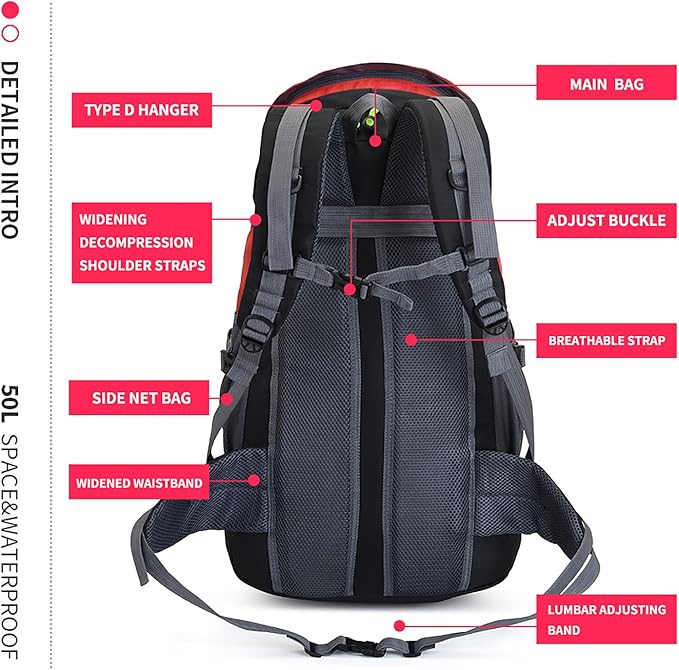 Bseash 50L Hiking Backpack, Water Resistant Lightweight Outdoor Sport Daypack Travel Bag for
