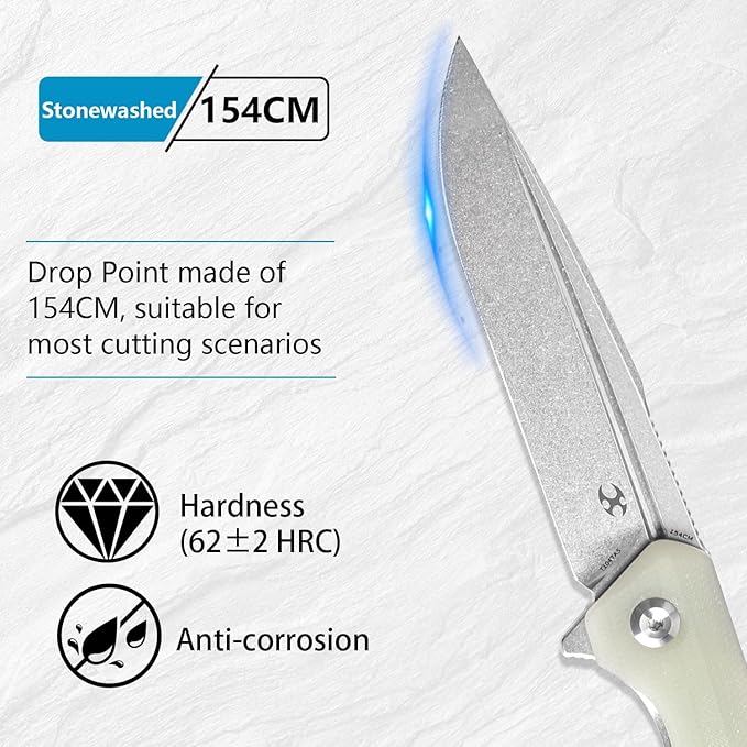 KANSEPT Qilin Pocket Knife, 3.24'' Stonewashed 154CM Sharp Blade, Jade G10 Handle for Edc, Flipper