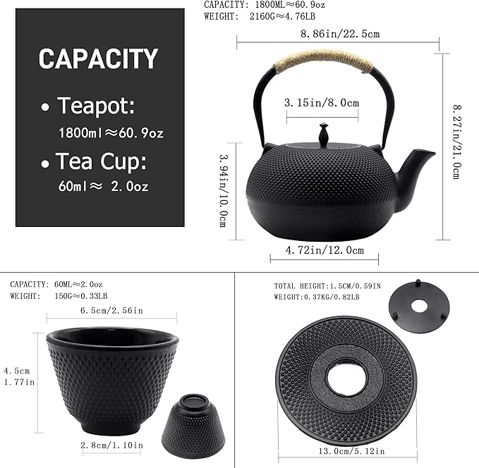 Big Cast Iron Teapot Set with Cups, Japanese Tetsubin Tea Kettle for Stovetop Safe, Cast Iron Tea