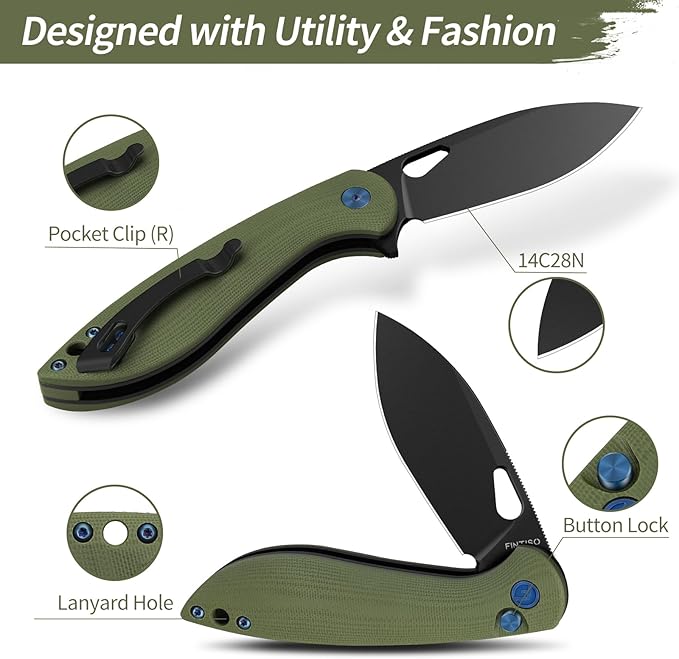 FINTISO Pocket Knife, 3.1" Premium 14C28N Blade Folding Knife with Button Lock, EDC Knife with G10