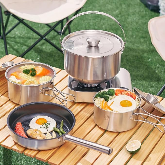 304 Stainless Steel Camping Cookware Set, Pots and Pans for Campfire Cooking, Includes Travel Tote
