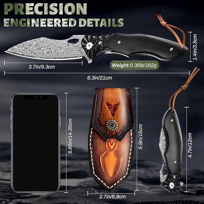 Pocket Knife for Men, Hunting knife with sheath, Damascus Steel Folding knife with Ebony Wood
