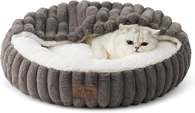 Cat Bed with Hooded Blanket, Round Fluffy Anti-Anxiety Pet Bed for Cats/Toy Breed Dogs, Cozy Donut