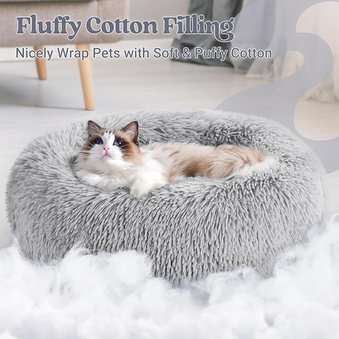 rabbitgoo Cat Beds for Indoor, 20 inches Machine Washable, Fluffy Round Pet Bed Non-Slip, Calming