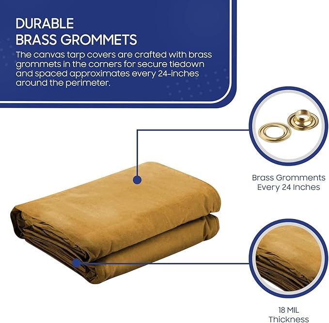 Tarps Now 12x24 ft Heavy Duty Canvas Tarp | 18 MIL Industrial Grade, Tear Resistant, Reinforced
