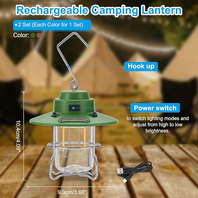 PATIKIL LED Camping Lantern, 2 Pack Vintage Rechargeable Lantern 3 Light Modes Portable Hanging