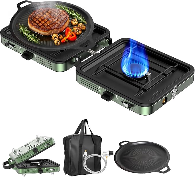 Portable Gas stove, 2 Burner Camping Stove with Griddle and Carrying Bag & Hose, 8600BTU Portable