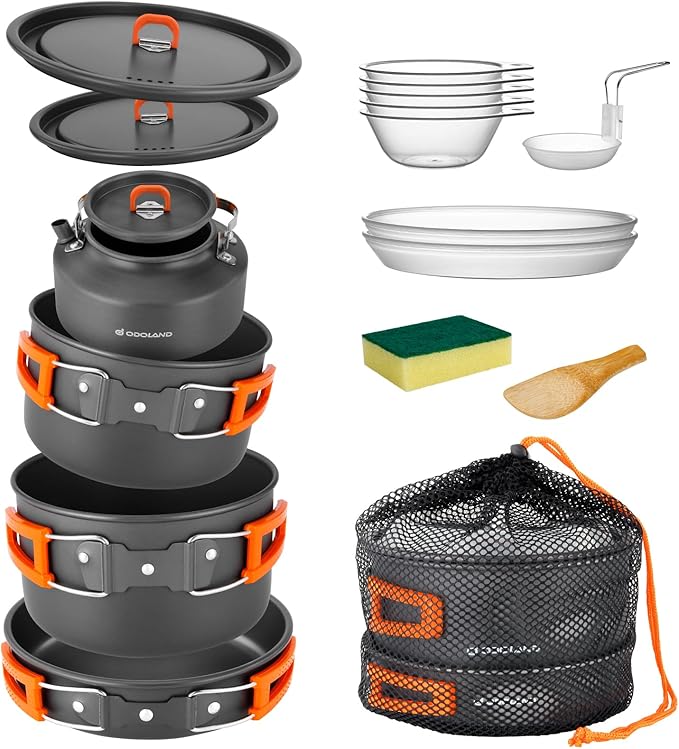 Odoland 15pcs Camping Cookware Non-Stick Lightweight Camping Pots and Pans Set with Kettle Plastic