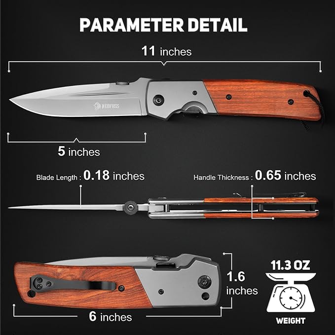 NedFoss DA52 Pocket Knife for Men, 5'' Large Folding Knife, 11'' Survival Knife with Rosewood