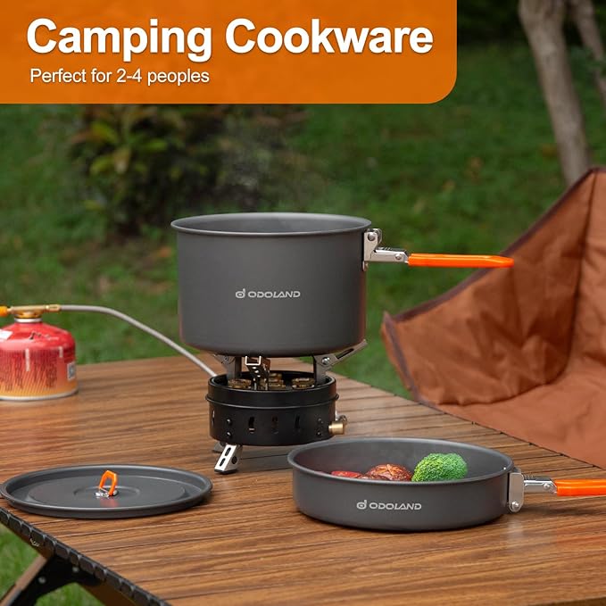 Odoland Camping Cookware Mess Kit, Non-Stick Lightweight Camping Pot and Fry Pan Set with Mesh Bag