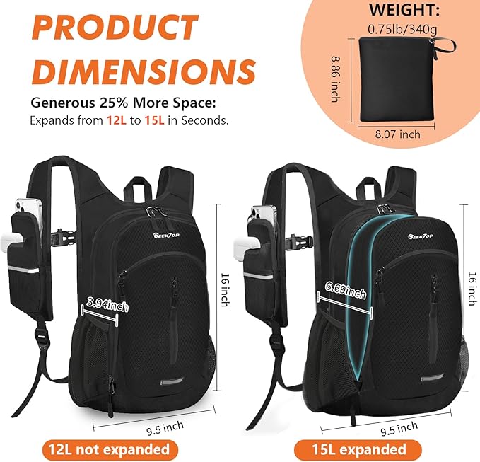 Seektop Small Hiking Backpack 12L to 15L Expandable Travel Packable Waterproof Daypack Lightweight